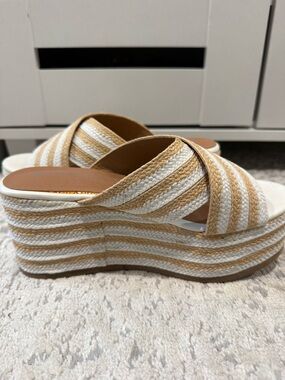 Brand New Striped Rope Wedge Slide Sandals - White & Tan Size 36 / 6